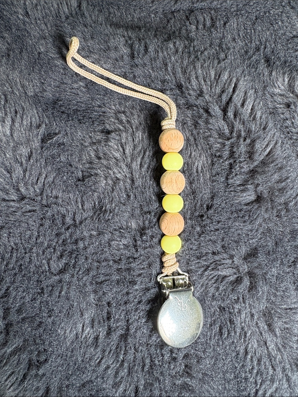 Beaded Pacifier Clip with Yellow Beads and Natural Wood